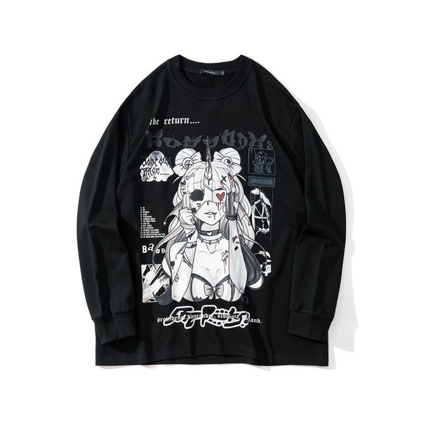 

sweatshirts mourning cartoon character printed sweater mens high street fashion brand loose long sleeve bf lazy round neck pullover hoodie, Black