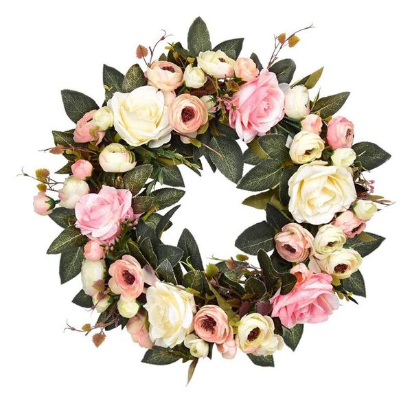 

artificial rose flower wreath-with camellia & green leaves for front door wedding wall window party farmhouse home decor decorative flowers