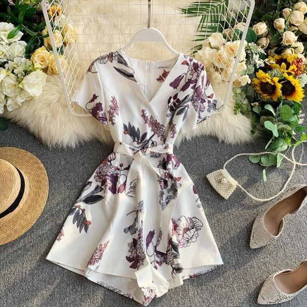 

vintage chiffon playsuit flower women romper printed v neck high waisted loose wide leg shorts overalls ladies floral, Black;white