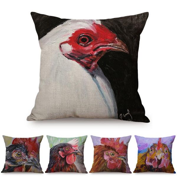 

cushion/decorative pillow hen rooster colorful oil painting art sofa decoration cushion cover rural poultry chicken style cotton linen squar