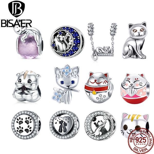 Bisaer Cute Cat Cat Charm Bead Fit Pulseiras de Design Original Dangle 100% Real 925 Sterling Silver Diy Jóias Fazendo