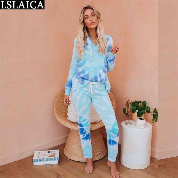 

sets for women hooded long sleeve long pant tie-dye casual female two piece outfits office sport clothing 210515, White