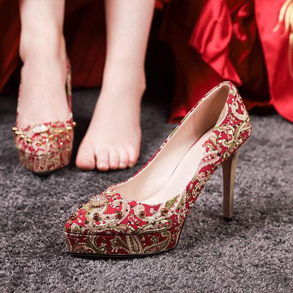 

meiai 2021 chine heels high waterproof platform wedding red thin heel sho, Black