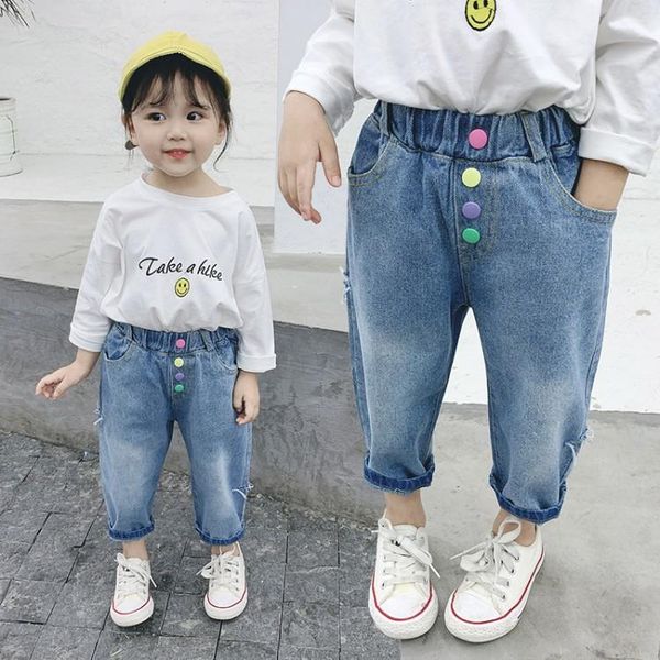 

jeans fashion baby girls ripped 1-7 years old cotton washed for girl wild leisure color buttons, Blue