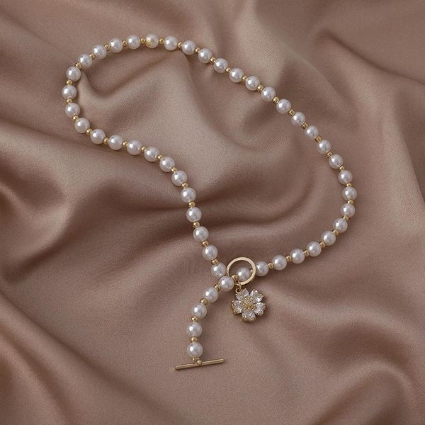 

pendant necklaces origin summer creative cubic zircon flower chokers necklace for women simulation pearl toggle clasp jewelry, Silver