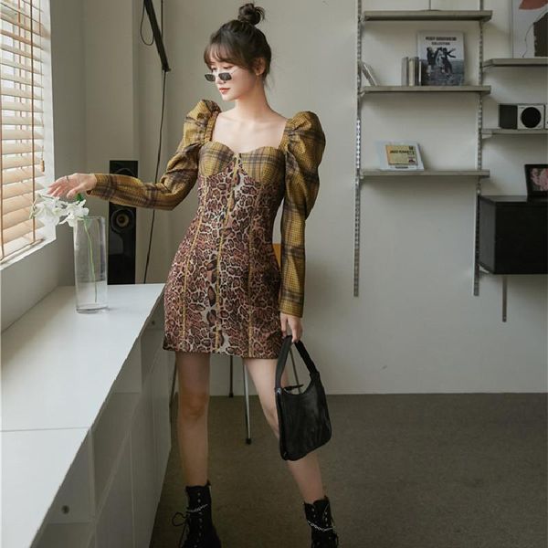 

casual dresses spring 2021 plaid puff sleeve stitching leopard print slim fit loose large size slimming explosive dress women's clothin, Black;gray