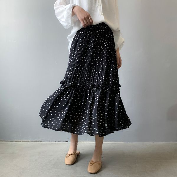 

skirts harajuku spring women high waist slim dot a-line casual pleated jupe femme faldas saias streetwear xmho, Black
