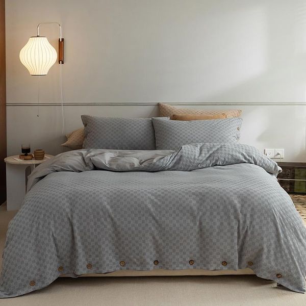 

bedding sets 3/4pcs vintage washed cotton bed double linen jacquard waffle checks duvet cover and pillowcases grey fitted sheet king
