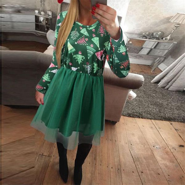 

casual dresses female dress christmas floral print round neck long sleeve one-piece for women autumn spring mesh splice xmas green/red, Black;gray