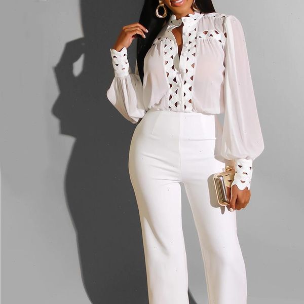 

spring summer long sleeve white womens tracksuits jumpsuit elegant hollow out african party wide leg office wear 2 piece set, Gray