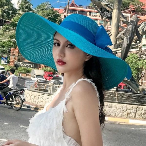 

women's floppy big brim hat bowknot straw foldable roll up sun wide hats, Blue;gray