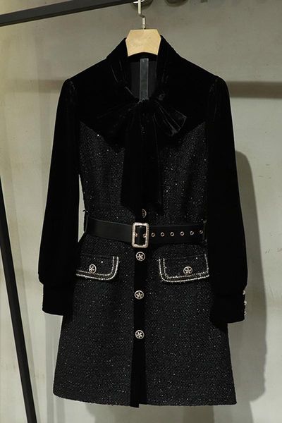

spring luxury women bow velvet patchwork long sleeve dress with belts casual dresses, Black;gray