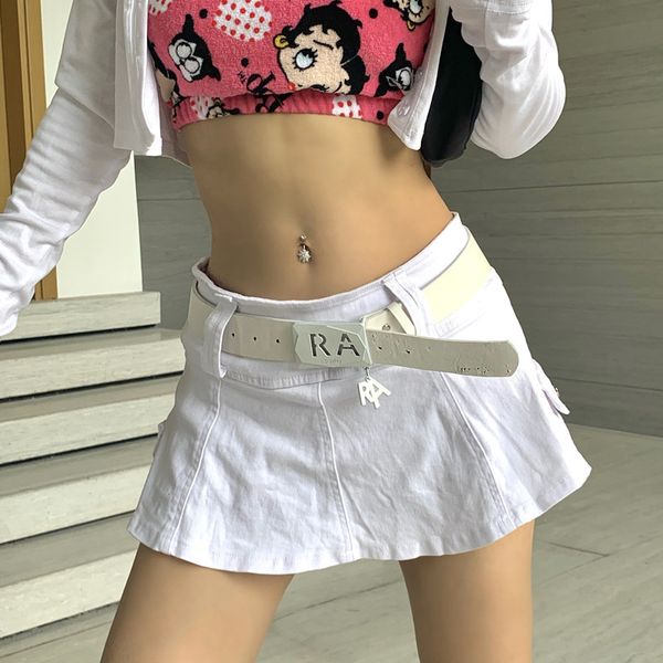 

girls harajuku dropped waist womens skirt punk design white mini denim pant with belt, Black