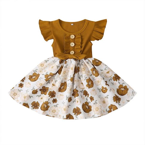 

girl's dresses summer pit floral mosaic small flying sleeve princess dress girl, Red;yellow