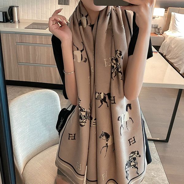 

imitation cashmere letter women's elegant horse totem warm short beard flow and scarf, Blue;gray