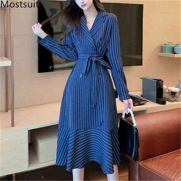 

double-breasted striped office ladies dress women full sleeve notched collar belted long dresses workwear fashion blazer vestido 210513, Black;gray