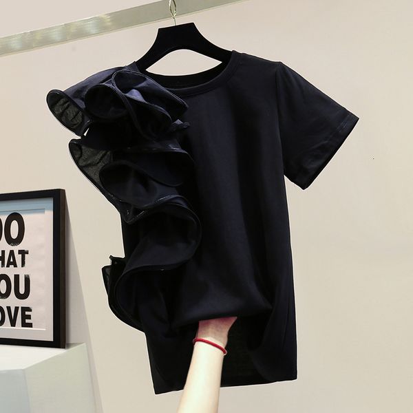 

t shirt ruffled short sleeved t-shirt female summer loose solid color simple leisure t-shirts ladies all-match black t shirt tees, White
