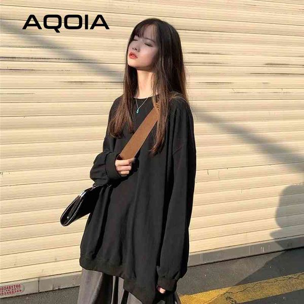 

autumn chic streetwear solid color women long hoodies thin sweatshirt oversize loose womens ins female pullovers 210521, Black