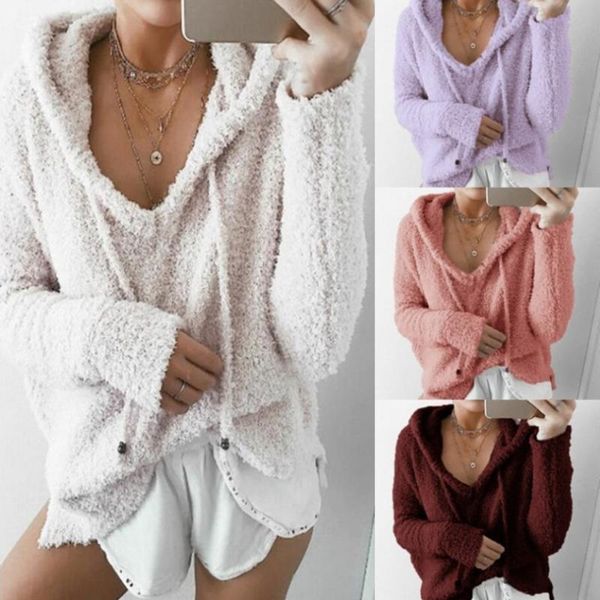 

women's hoodies & sweatshirts women hooded drawstring fluffy mohair sweatshirt autumn warm soft fleece v-neck loose plush pullover jump, Black