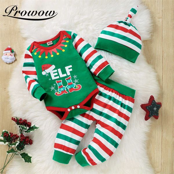 PROWOW 2022 Fato de Bebê de Ano Novo Patchwork Nebworn carta impressa Bobysuit + Pant Striped Christmas Kids Baby Boys Roupas Set G1023