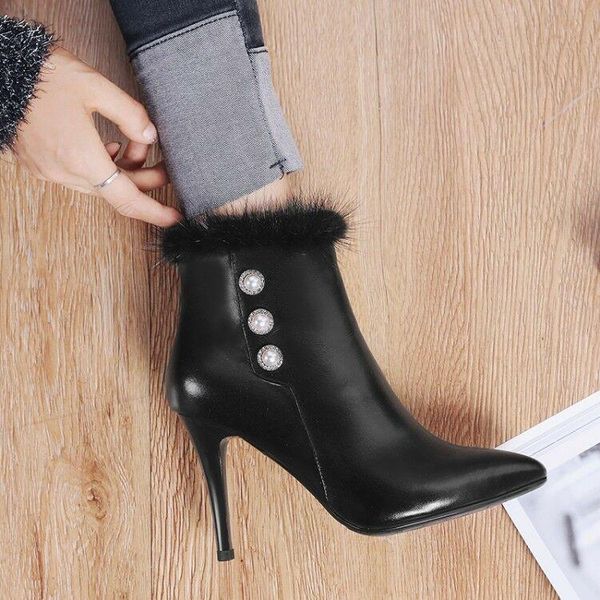

boots womens chic leather pointed toe pearls mink hair high heel ankle shoes sea, Black