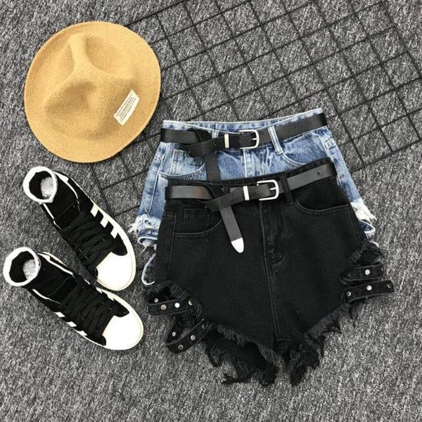 

women's jeans fashion black denim women high waist shorts 2021 summer loose fit wide leg punk style tassel pants s-xl, Blue