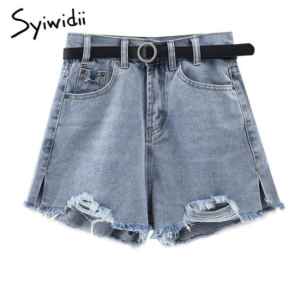 

women's shorts syiwidii hole denim for women high waist summer 2021 button up pockets casual straight loose wide leg jeans, White;black