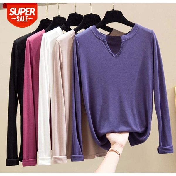 

casual women t-shirt long sleeve korean style slim basic elastic cotton tshirt 2021 button autumn winter t shirt femme #cp7a, White