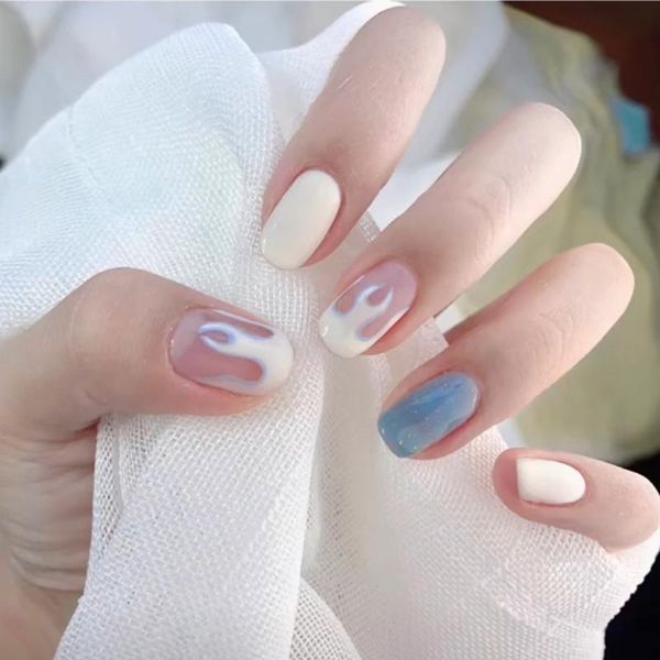 

false nails 24pcs blue white flame round head nail tip full cover tips artificial summer daily fashion fake with glue, Red;gold