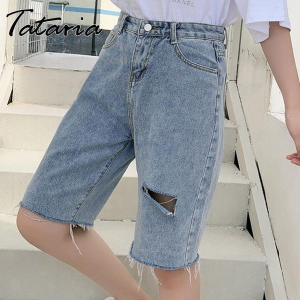 

streetwear half-length high waist shorts for women straight blue hole denim summer casual pants female wide leg jeans2021 women's jeans