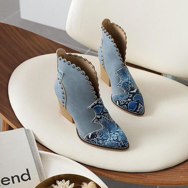 

boots women retro ankle slip on pointed toe ladies snake print rivet mixed color shoes female soft pu leather casual footwear, Black