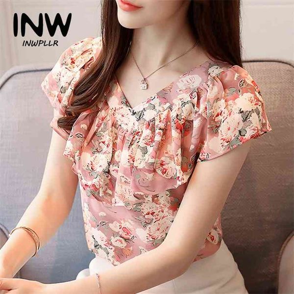 

fashion summer blouses women shirts plus size floral ladies short sleeve chiffon blusas feminina ruffled blouse mujer 210730, White