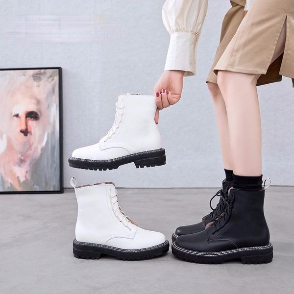 

boots female genuine leather women booties lace up white winter shoes non-slip girl, Black