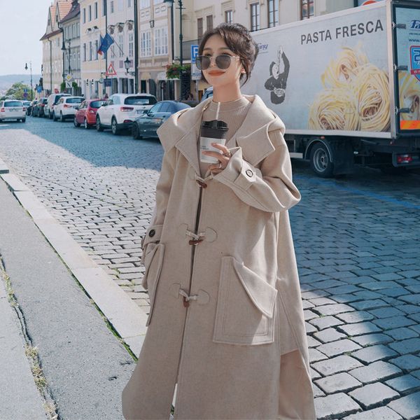 

jacket vehicle horn korean loose style wool cover with hooded long casual mode section coat for women autumn winter njaj, Black;brown