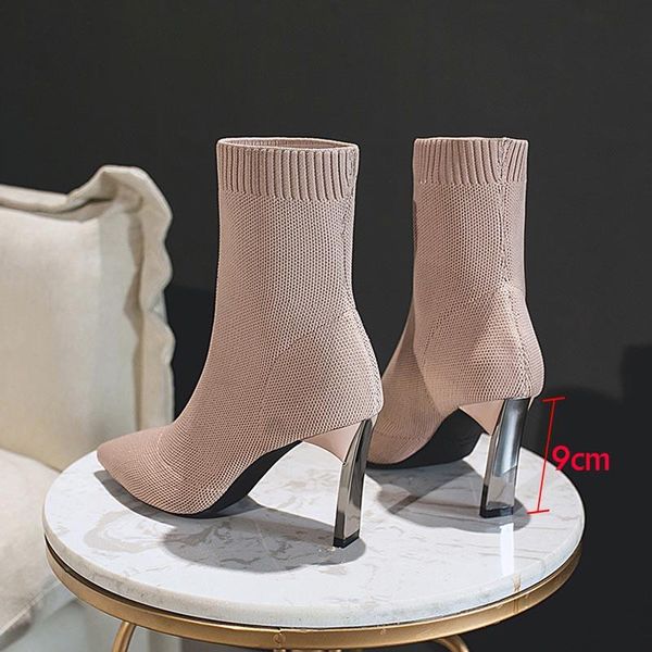 

dress shoes women boots socks metal blade heels stretch fabric elastic stilettos buckle strap ankle boats botas de mujer, Black