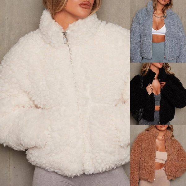

women's jackets women winter long sleeve faux fur jacket stand collar fuzzy plush warm zip up oversized coat short outwear with pockets, Black;brown