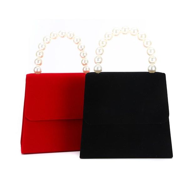 

solid black pleuche flap evening bags women rectangle with pearl decoration small handbags soft surface wedding party pouch