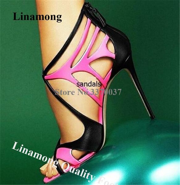

women charming fashion open toe rose red black patchwork stiletto heel sandals cut-out high formal dress shoes