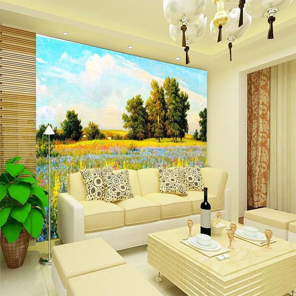 

wallpapers 3dcustomized mural wallpaper hand-painted scenery with flowers grasses trees behind tv sofa bed as background in living room