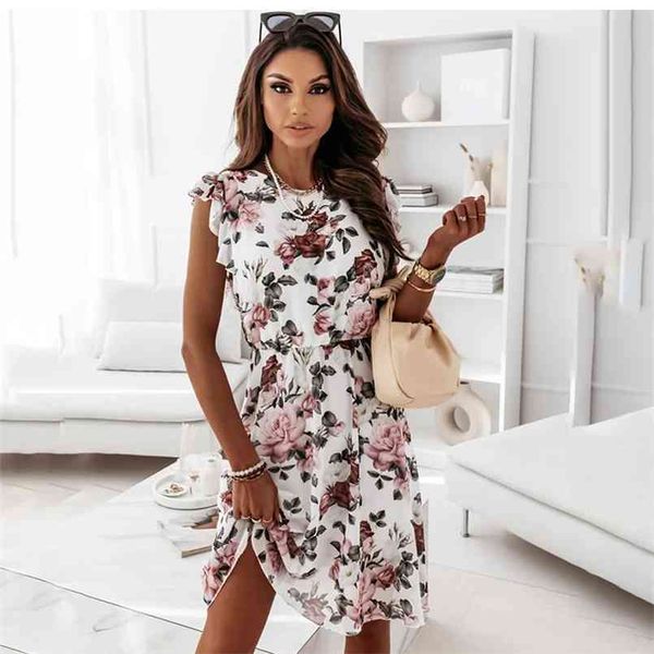 

summer dres fashion chiffon sleeveless ruffles floral print beach casual elegant black mini es robe femme 210729, Black;gray