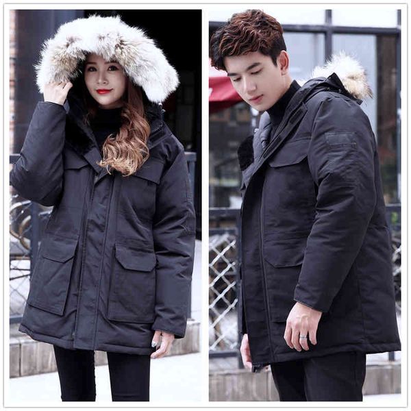 

men's and women's winter outdoor leisure sports down et white duck windproof parker long leather collar cap warm real wolf fur sty, Black