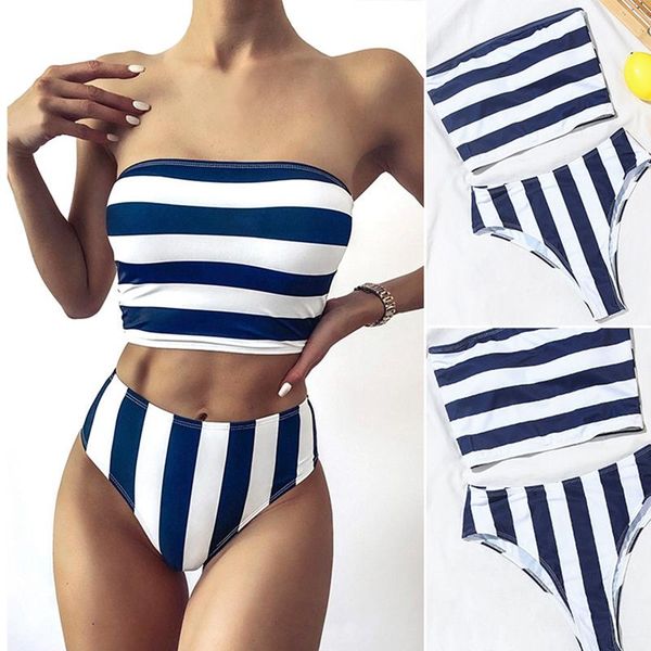 

stripe 2 piece women bikini set high waisted women's swimwear, White;black