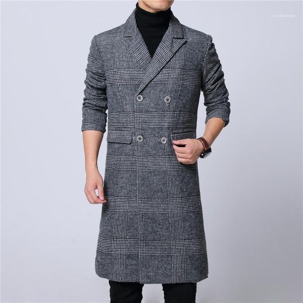 

men's wool & blends mens long coat double breast full lining sleeve m-6xl drop ship pick lapel winter woolen melton overcoat plaid gray, Black