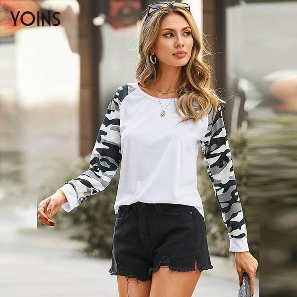 

women's t-shirt yoins women t-shirts 2021 spring casual loose autumn white camouflage patchwork round neck long sleeve tees