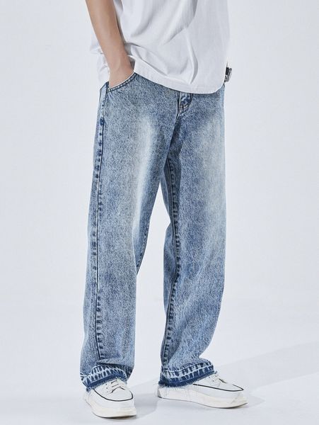 

men bleach wash straight leg jeans o11u#, Blue