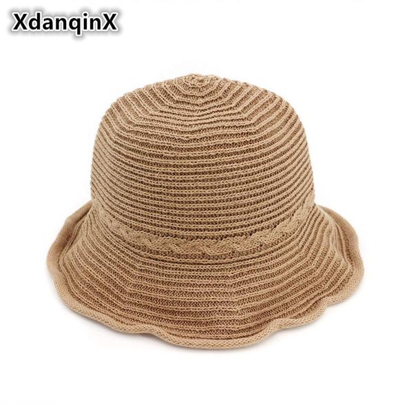 

xdanqinx foldable summer lady retro lovely bucket hats style hollow breathable beach for women sunscreen female sun hat wide brim, Blue;gray