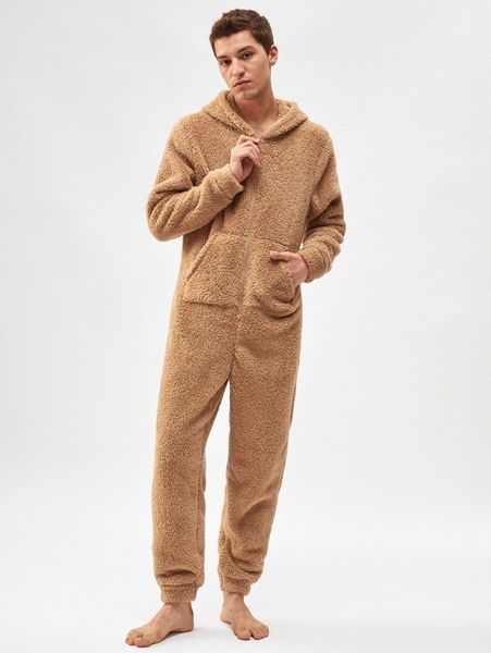 

men kangaroo pocket zipper front hooded teddy lounge jumpsuit a7gw#, Black;brown