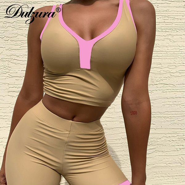 

patchwork women two piece set crop v neck gym tanks biker shorts bodycon streetwear 2021 autumn winter sports, Black;white