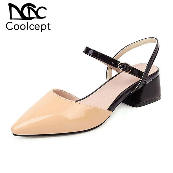

coolcept plus size 31-48 shoes women pointed toe buckle mixed color sandals soft low heel leather casual mujer zapatos, Black