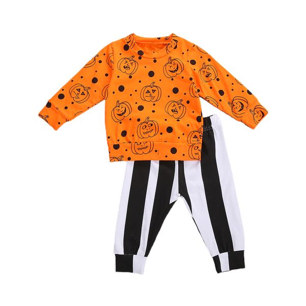 

halloween baby boys party clothes sets pumpkin print long sleeve pullover sweatshirts striped pants, White